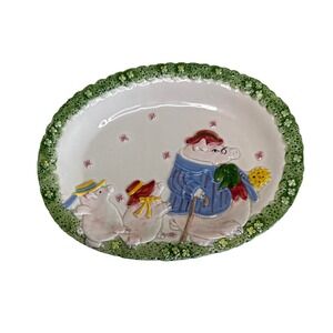 Fitz and Floyd 1987 Vintage Pig Family Ceramic Oval Plate 20/652-D Green Border